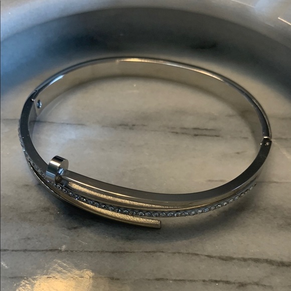 Silver Stainless Steel Bangle Nail Bracelet With Crystals - Picture 2 of 3